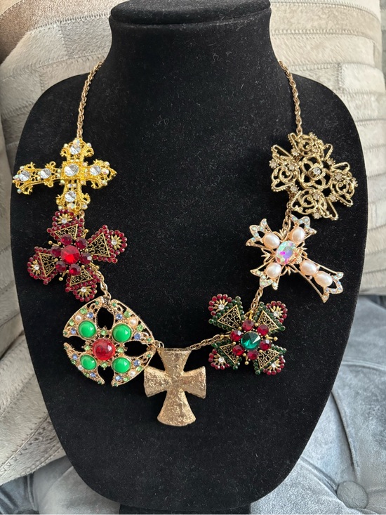 Jewelry - Gold-Tone Multicolor Cross Pendant Statement Necklace